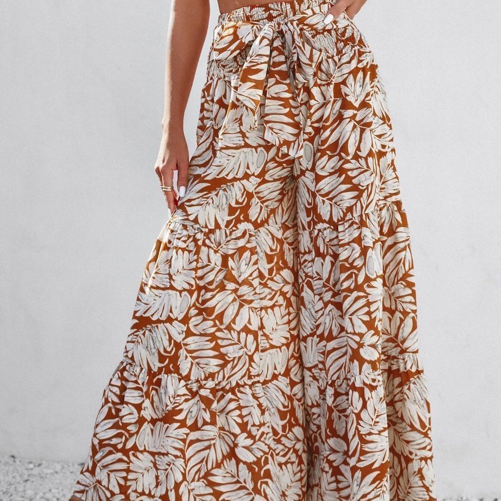 Boho Plants Print Belted Wide Leg Pants - Picture 3 of 5